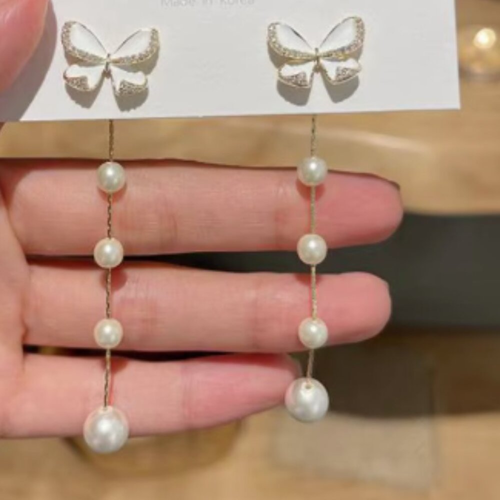 “Flutter On” Pearl Hanging 925 Sterling Silver Gold Butterfly Stud Cute Earrings - Picture 2 of 5